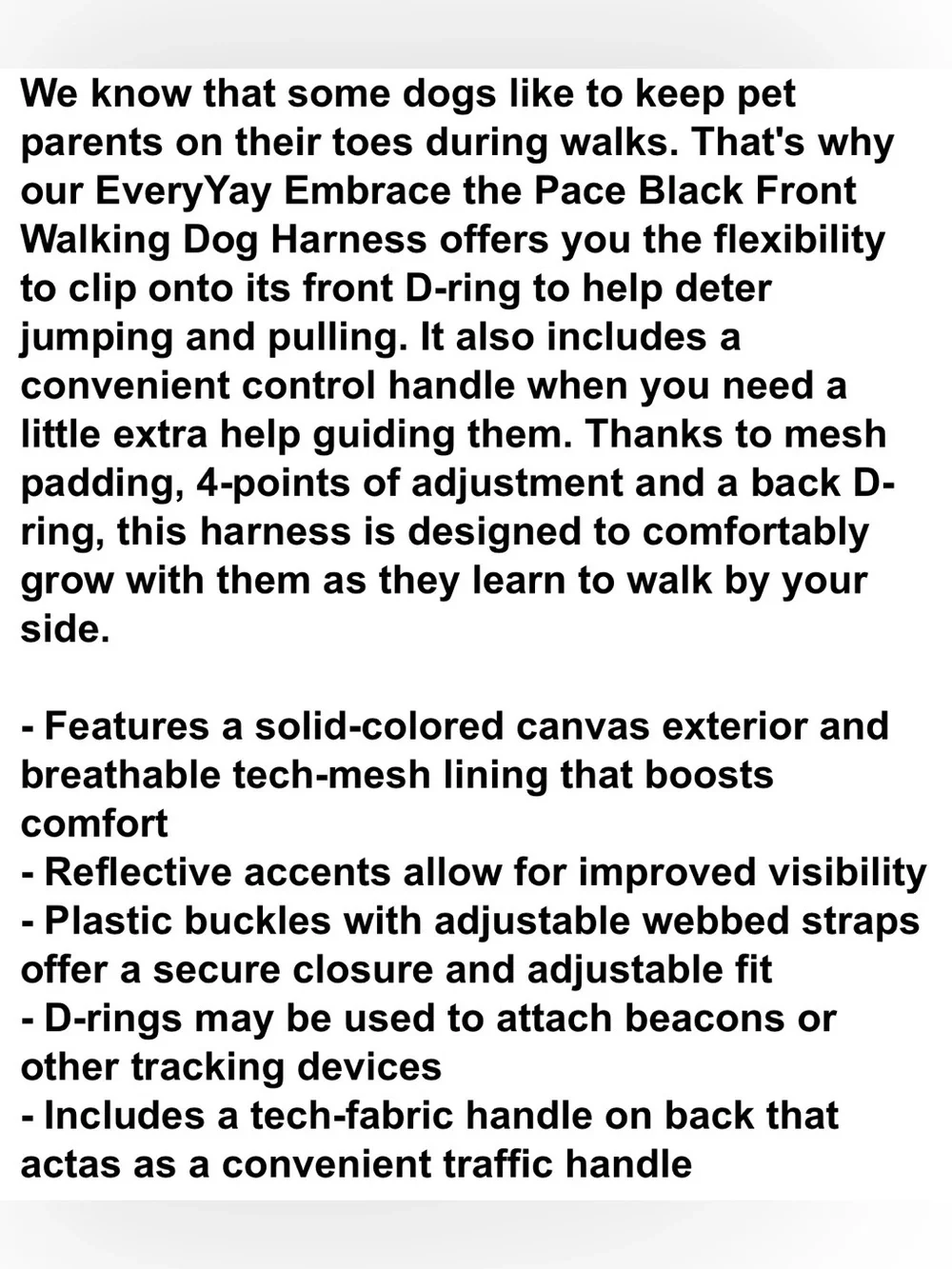 NWT Every Yay Black Embrace the Pace Front Walking Dog Harness - Size XL/XXL